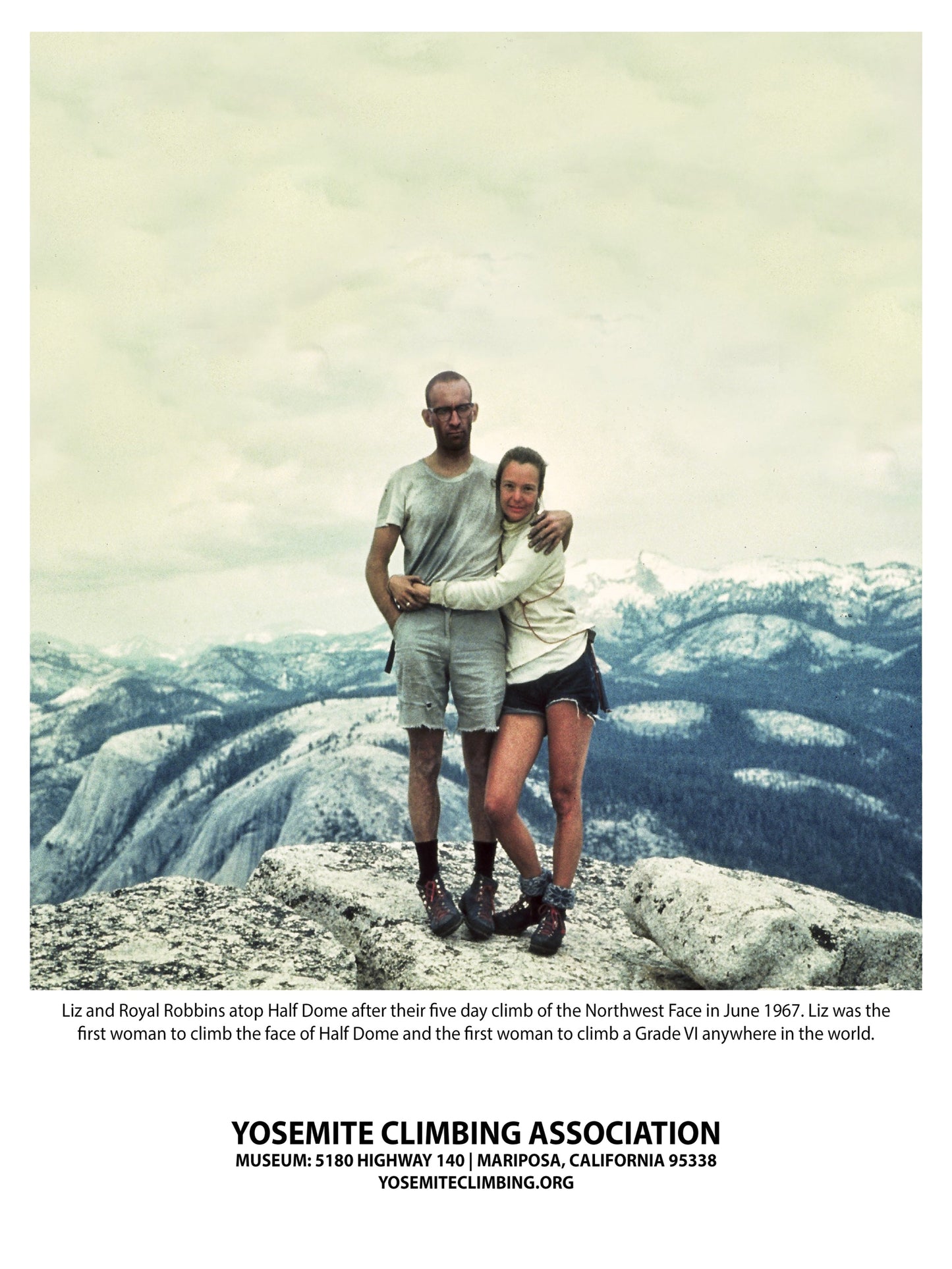 A black and white photograph of Liz and Royal Robbins standing on a mountain top, with the Yosemite Climbing Association logo and text in the bottom corner.
