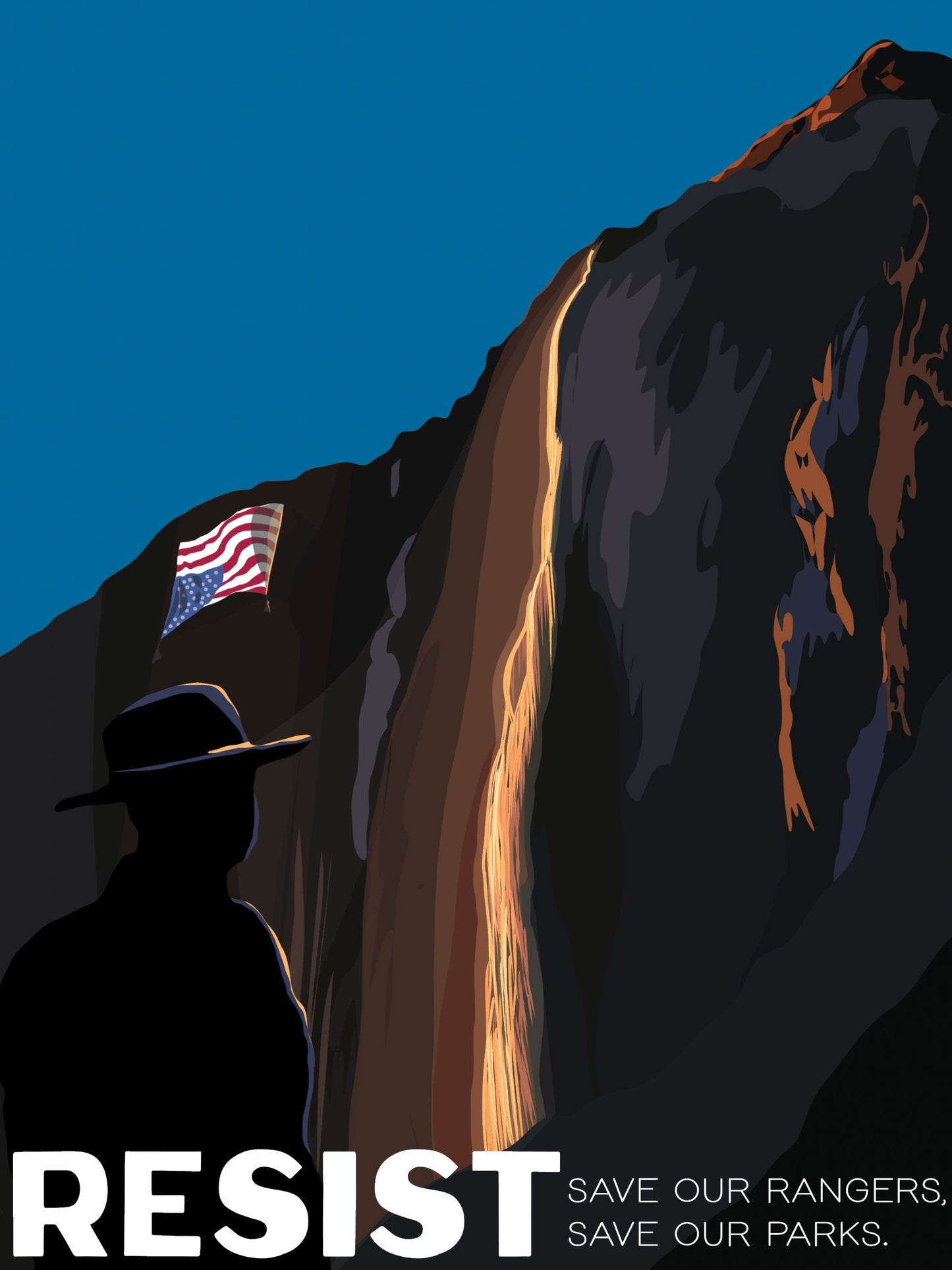A poster featuring a silhouette of a person wearing a hat, with a background of a mountain and a flag. The text 'RESIST SAVE OUR RANGERS, SAVE OUR PARKS' is visible.