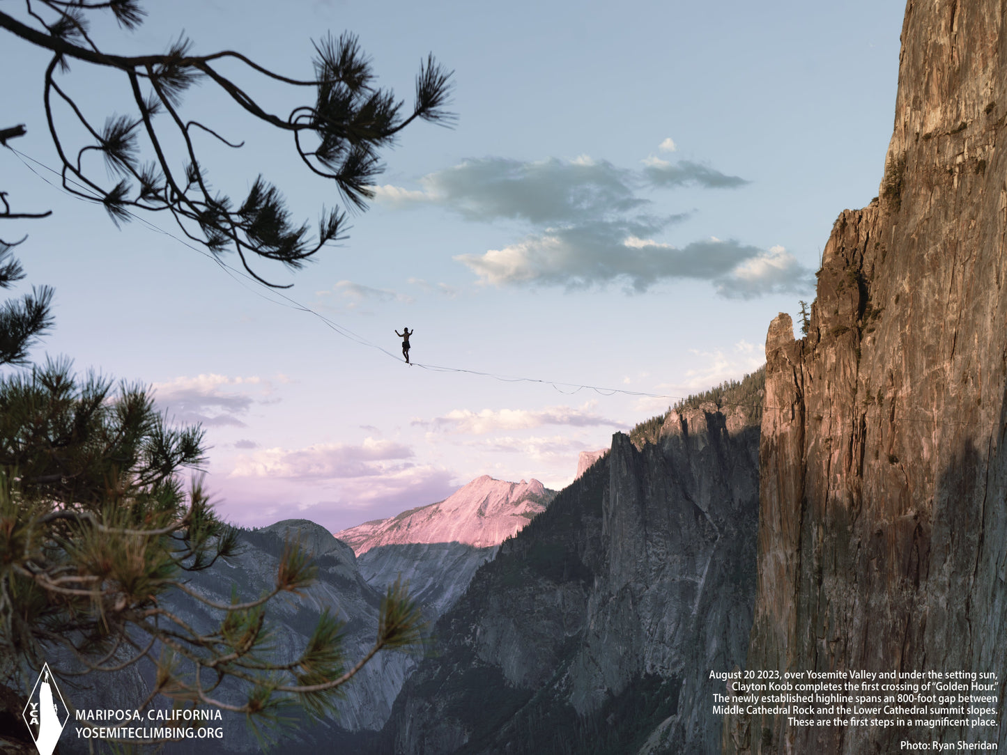 A poster featuring a high-resolution image of a person climbing a mountain with a beautiful sunset and pine trees in the foreground.