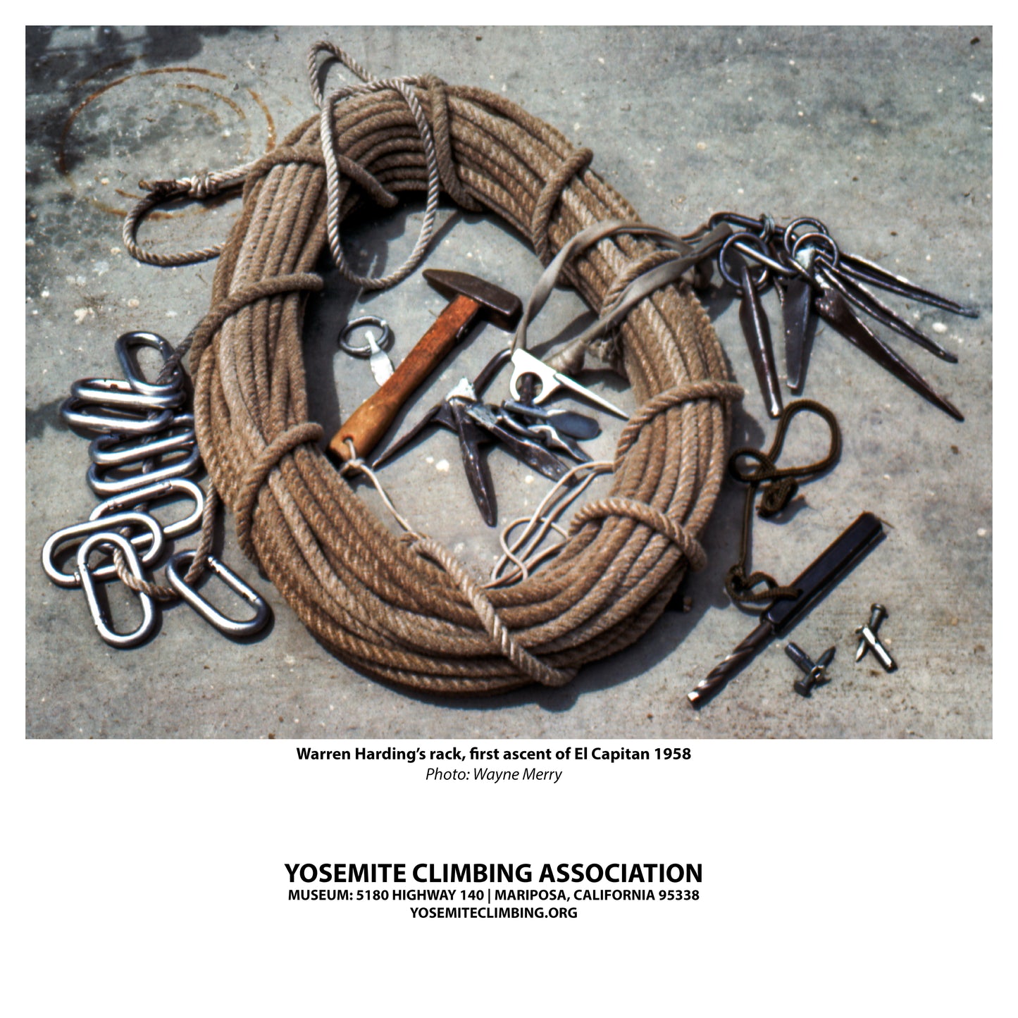 A collection of climbing gear arranged in a circle on a gray background, including a rope, carabiners, screws, and a hammer, with a caption in the bottom right corner stating 'Warren Harding's rack - First ascent of El Capitan 1958'.