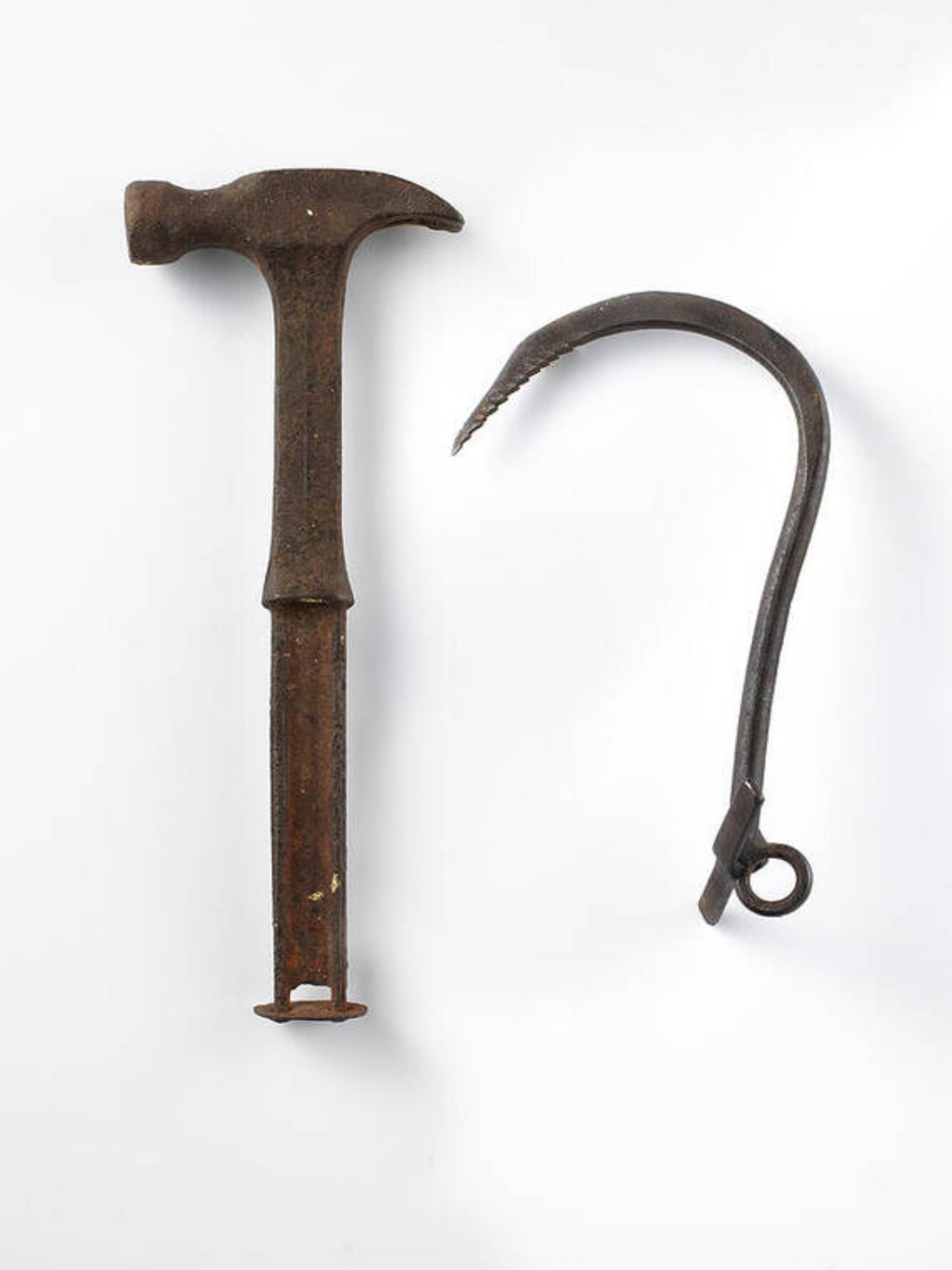 An art print featuring a hammer and hook, with a hook having a looped end and a dark, rustic appearance.