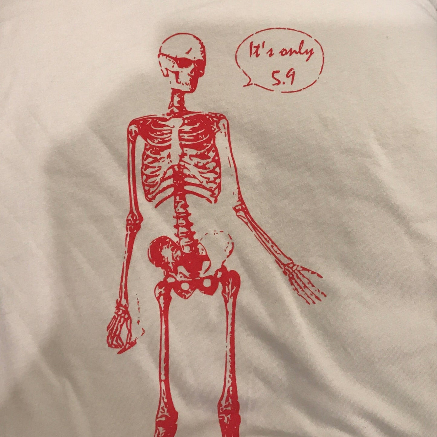 A graphic of a red skeleton with a speech bubble that says 'It's only 5:9' on a grey T-shirt.