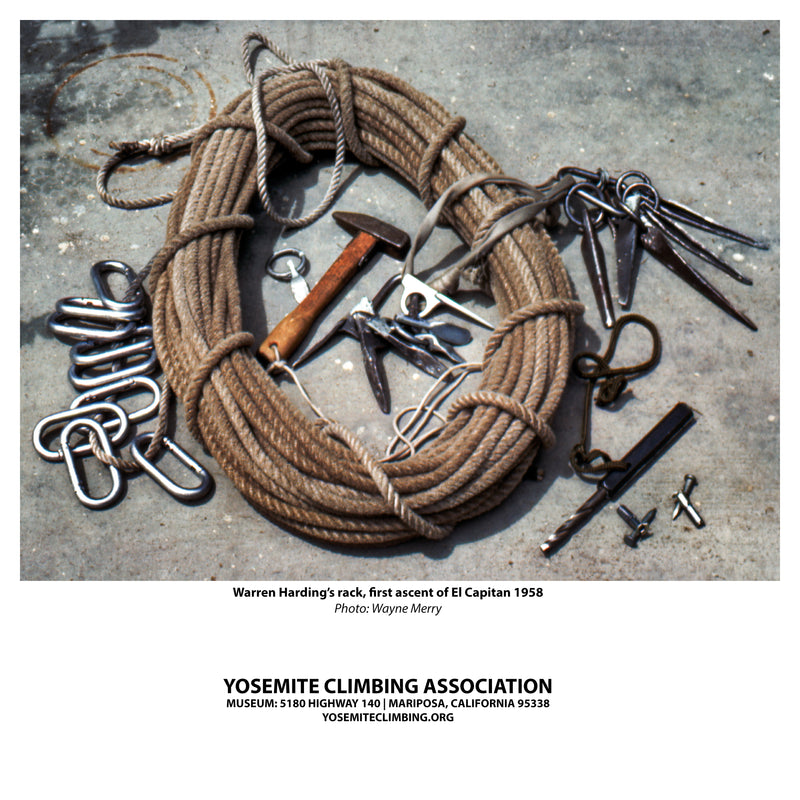 A collection of climbing gear arranged in a circle on a gray background, including a rope, carabiners, screws, and a hammer, with a caption in the bottom right corner stating 'Warren Harding's rack - First ascent of El Capitan 1958'.