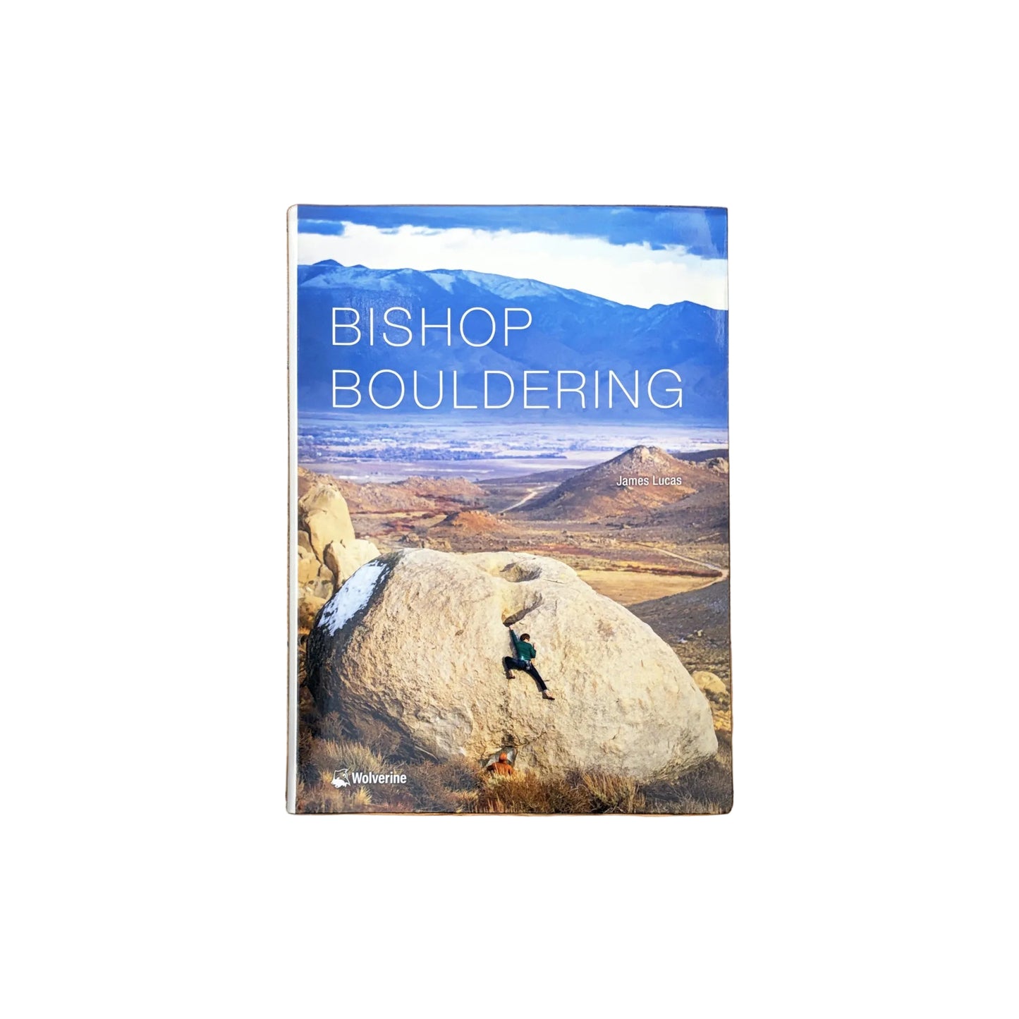 Book titled 'Bishop Bouldering' on a wooden surface